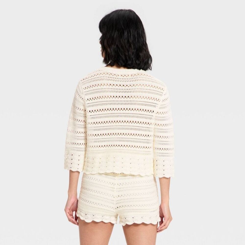 Universal Thread - Women's Quarter Sleeve Openwork Crewneck Pullover  Cream - Picture 2 of 3